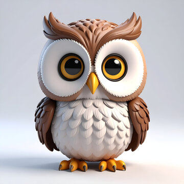 Round and adorable 3D cartoon owl with big glowing eyes, perched quietly with a sweet expression.