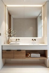 A pristine bathroom mirror reflects a modern, minimalist bathroom design Clean lines and sleek surfaces create a feeling of serenity and calm , sleek, luxury, chrome