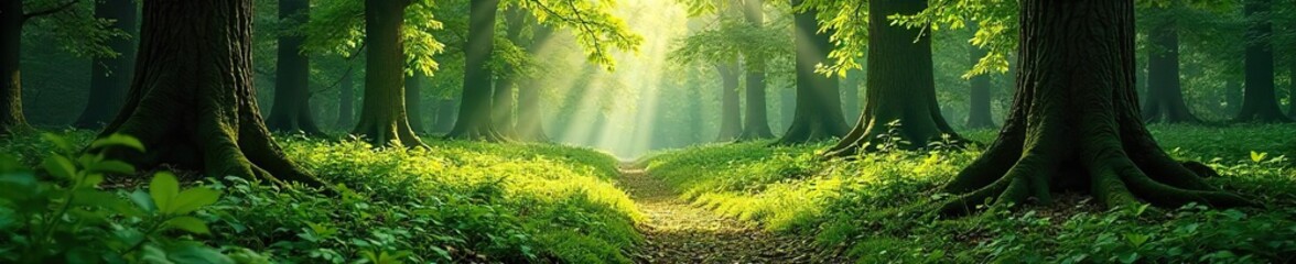 Sun-dappled forest floor, lush green undergrowth, ancient trees casting shadows, tranquil woodland scene, perfect for nature backgrounds , dark, rural