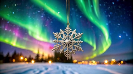Snowflake Christmas ornament against a backdrop of vibrant Northern Lights illuminating a snowy winter landscape - Powered by Adobe