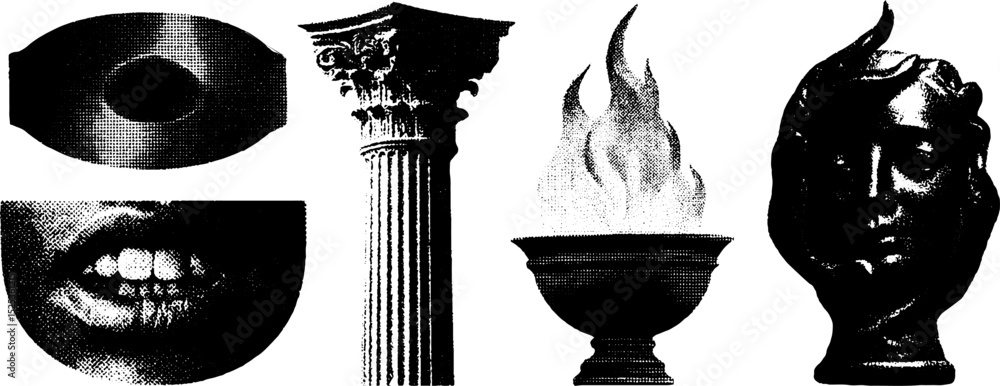 Aufkleber vintage engraving elements with stippling and halftone texture featuring classical architecture and 