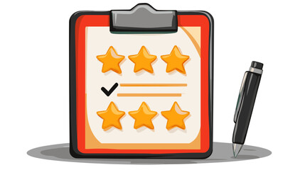 A flat vector cartoon performance review concept with star rating document clipboard and pen icons on white background no shading no gradients