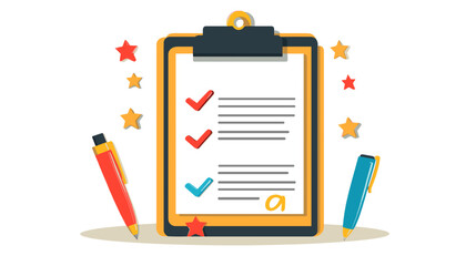 A flat vector cartoon performance review concept with star rating document clipboard and pen icons on white background no shading no gradients