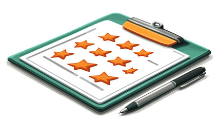 A flat vector cartoon performance review concept with star rating document clipboard and pen icons on white background no shading no gradients