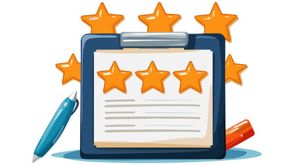 A flat vector cartoon performance review concept with star rating document clipboard and pen icons on white background no shading no gradients