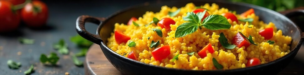 A vibrant spread of Valencia-style vegetarian paella, featuring saffron-infused rice, artichoke hearts, vibrant peppers, and fresh herbs, served in a rustic pan , spring food, paella