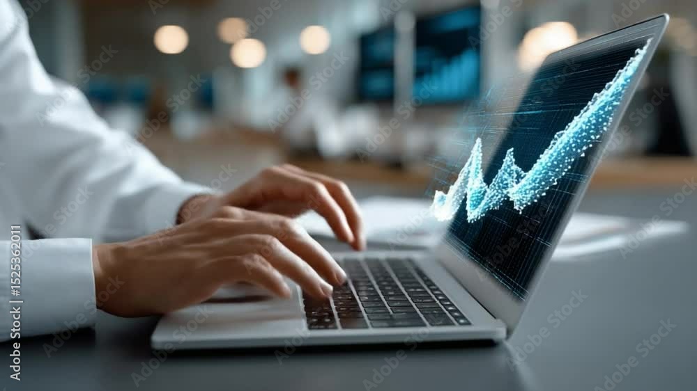 Aufkleber digital business growth: a close-up shot showcases a professional working on a laptop, with a dynami