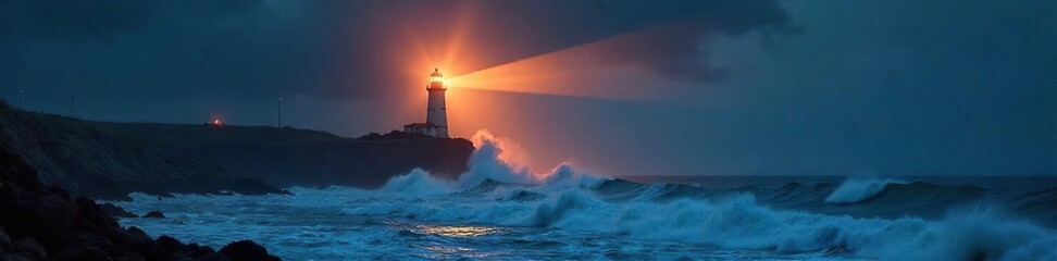A powerful lighthouse beam cuts through the stormy night, illuminating the turbulent sea The beam's arc sweeps across the waves, a beacon of hope amidst the darkness , cliff, warning, water