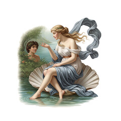 Goddess seated gracefully on a large seashell emerging from the sea ancient mythological scene with a distant observer in the background.