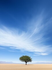 Obraz premium Landscape photograph of a vast open field with a single tree in the center. the sky is a deep blue with a few wispy clouds scattered across it.