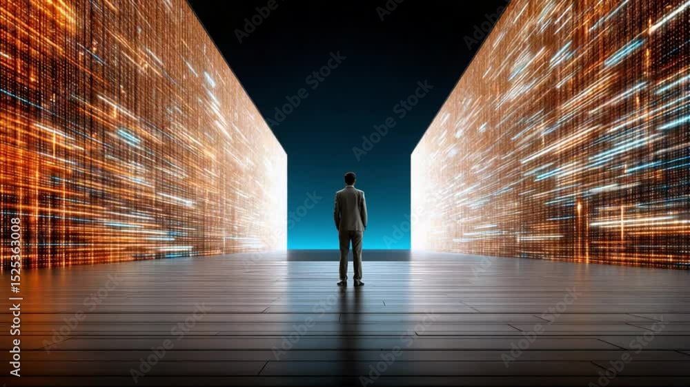 Poster digital frontier: a solitary figure stands at the precipice of a vast digital expanse, gazing into a