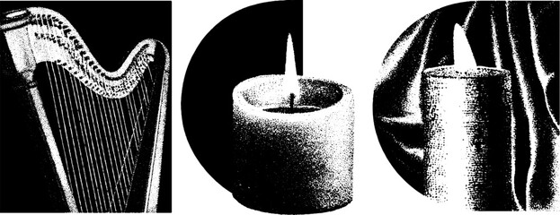 Fototapeta premium Vintage engraving of harp and candle with stippling and halftone texture