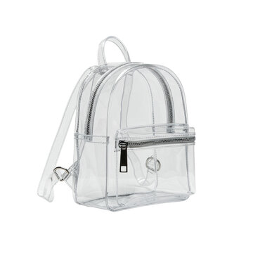 Transparent mini backpack made of clear PVC, compact with silver zippers, empty and pristine, isolated on a pristine seamless white studio background with no shadows, in 3/4 view. Concept of modern