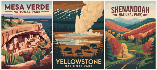 Vector set of retro-style USA National Parks travel posters featuring Mesa Verde, Yellowstone, Shenandoah. Scenic landscape prints for vintage wall art and adventure-themed decor.