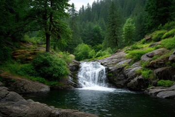 Fototapeta premium Waterfall cascading into a dark pool surrounded by lush greenery and mosscovered rocks