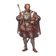 Obraz premium Medieval king in ornate armor and crown holds scepter, embodying the regal power and majesty of a Renaissance-era monarchy.