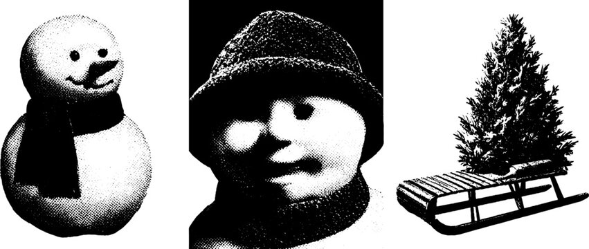 Vintage winter scene with snowman, pine tree, and sled in engraving style