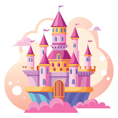 Fototapeta premium Whimsical Pink Princess Castle Floating on Clouds