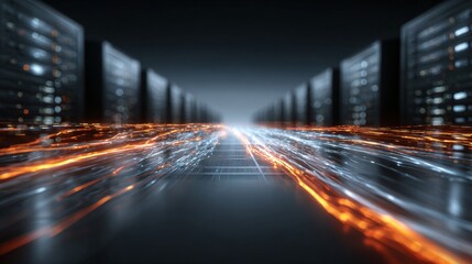 Inside a server room, digital data streams flow like rivers between rows of powerful computer servers, symbolizing the vastness of modern information technology.