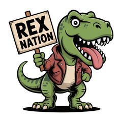 
A cartoon-style T-Rex wearing a leather jacket and
sticking out its tongue, holding a 