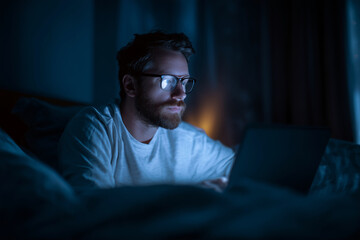A man is sitting on a bed with a laptop in front of him. He is wearing glasses and has a beard. Concept of relaxation and leisure, as the man is using his laptop in a comfortable setting