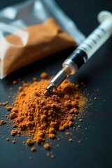 A close-up shot of a syringe and a baggie of a brown powder, signifying the dangerous pressure of heroin addiction , relapse, hopelessness
