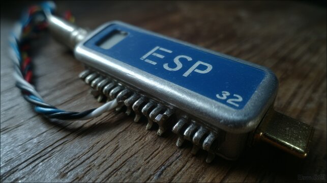 A detailed image showcasing the ESP32 development board with its intricate components and wires on a wooden surface.