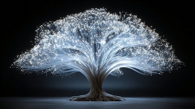 A luminous tree with glowing fiber optic branches creates a dazzling and magical effect against the dark background symbolizing growth and innovation beautifully.