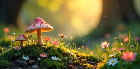 Enchanted fairy garden bathed in soft yellow sunlight; delicate flowers, whimsical mushrooms, tiny glowing lights, and sparkling dew drops create a magical scene , pastel, garden, moss