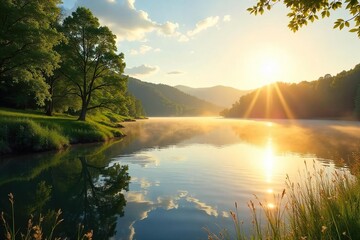 Idyllic sunny day at a serene lake, sparkling water reflects the bright sun, tranquil atmosphere, perfect for relaxation Golden hour light bathes the landscape , view, landscape, sun