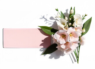 Love card, frame with pink bouquet. Blank pink label for your text, with white-pink calla lilies flowers, object isolated. Collage.