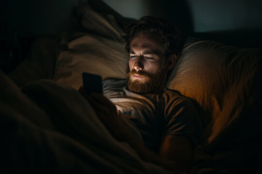 A man with a beard is lying in bed and looking at his cell phone. Concept of relaxation and leisure, as the man is taking a break from his daily routine to scroll through his phone