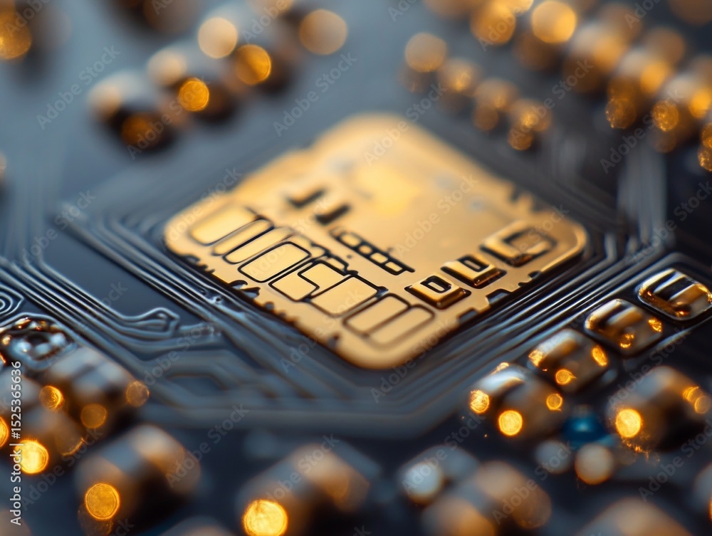 Poster close-up view of a microprocessor chip integrated into a circuit board. modern electronic technology