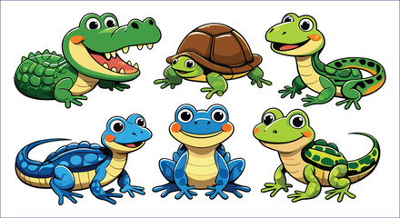 Fototapeta premium Cartoon Animals Reptiles And Amphibians Set Crocodile Turtle Snake Lizard Frogs