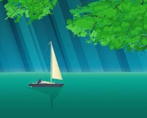 Sailing yacht smooth sailing over calm waters, green trees and sun rays composition, graphic design background illustration