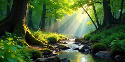 Sun-dappled forest path winds through lush greenery, sunlight filtering through leaves onto mossy rocks and a crystal-clear stream A perfect escape to a hidden woodland paradise , quiet, trees, ferns