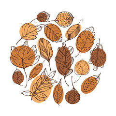 Hand-drawn autumn leaves in a circle.  Vector sketch illustration