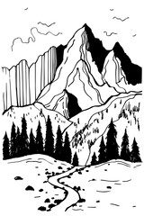 Hand-drawn  landscape with mountains. Vector sketch  illustration.