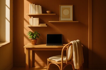 Warm Minimalist Home Office with Laptop and Natural Light