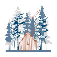 Hand-drawn wooden house in the forest.  Vector sketch  illustration.