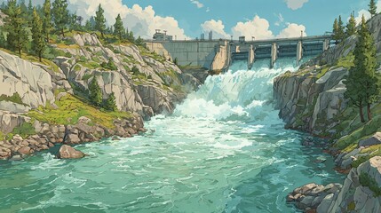 A scenic dam releases rushing water downstream amidst rocky cliffs and lush greenery on a bright sunny day with a clear blue sky above the beautiful landscape.