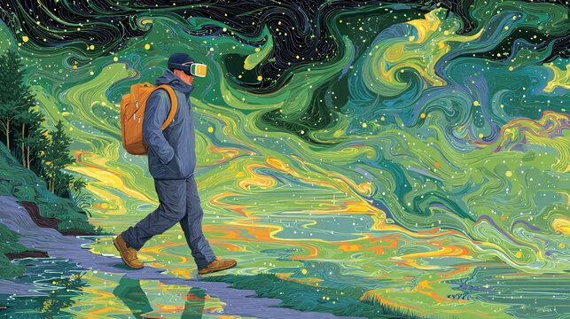A man wea VR headset walks on path with abstract swirls of color depicting immersive virtual reality experience in an outdoor nature setting beautifully crafted.