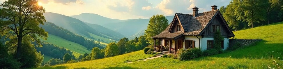 A cozy cottage nestled amongst rolling green hills, sunlight streaming through the windows, depicting a peaceful and idyllic dream home , charming, relaxation