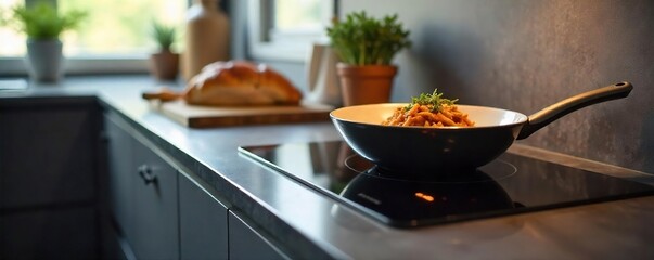A modern induction cooker sits on a sleek countertop, ready to prepare a delicious meal Stainless steel gleams under soft kitchen lighting , elegance, food preparation, house