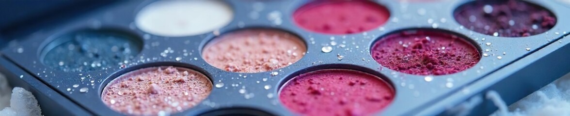 Close-up shot of a winter-themed makeup palette with frosty eyeshadows, shimmering highlighters, and deep berry lip colors, perfect for January's icy beauty trends , cold, stylish