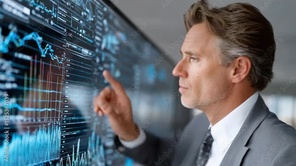 Poster navigating the digital realm: an executive, his gaze intent, studies an intricate array of financial