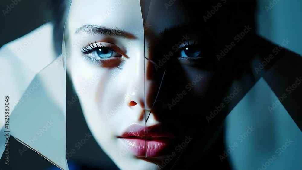 Poster a close-up of a woman's face reflected in broken glass, creating a striking and fragmented visual ef