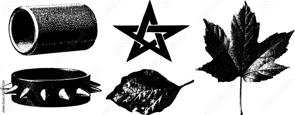 Poster vintage engraving of textured objects and shapes with stippling and halftone effects