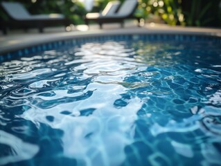 An empty blue pool with light reflection visible on the surface of the water.