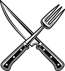 Crossed fork and knife, kitchen utensil icon, dining symbol vector, black and white cutlery, simple food design